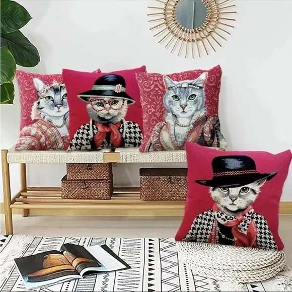 Set Of 4 Adorable Lady Cat Pattern‎ Throw Pillow Covers  17.7/45cm x 17.7/45cm - Picture 12 of 12